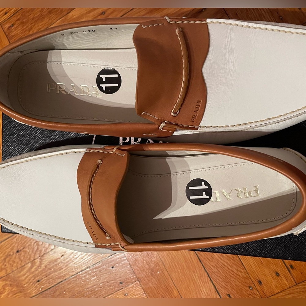 Prada white with brown leather slip on loafers size 11